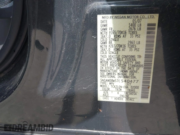 2007 Nissan Xterra SE z VIN 5N1AN08W57C540477, wystawiony jako IAAI lot #42269802 z przebiegiem 160 959 mil mil oraz . Historia ofert i sprzedaży dostępna na DreamBid. Obrazek 9.