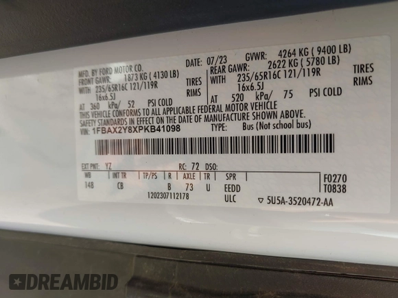 2023 Ford Transit Passenger XL with VIN 1FBAX2Y8XPKB41098, listed as a IAAI auction lot 42218691 with 28,891 mi miles and . Bid and sale history available at DreamBid. Image 9.