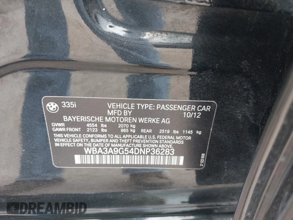 2013 BMW 3 Series 335i with VIN WBA3A9G54DNP36283, listed as a IAAI auction lot 41918368 with 138,209 mi miles and . Bid and sale history available at DreamBid. Image 9.