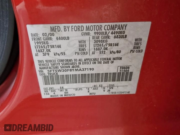 2000 Ford F-350 XL with VIN 3FTSW30F8YMA37190, listed as a Copart auction lot 67695694 with 555,401 mi miles and Salvage title. Bid and sale history available at DreamBid. Image 13.