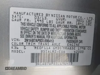 2013 Nissan Sentra SR z VIN 3N1AB7AP8DL696413, wystawiony jako IAAI lot #42116029 z przebiegiem 113 409 mil mil oraz . Historia ofert i sprzedaży dostępna na DreamBid. Obrazek 9.