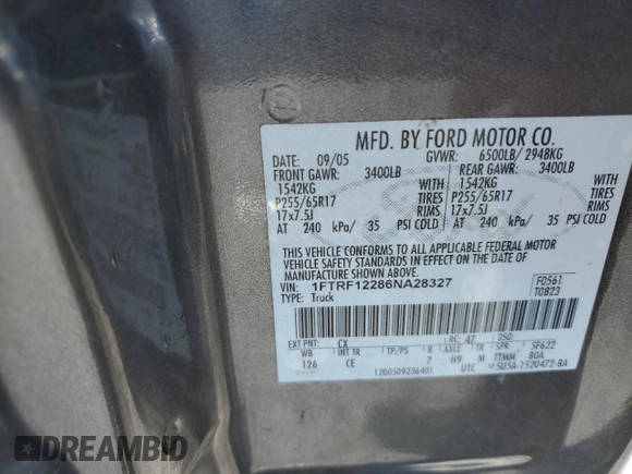 2006 Ford F-150 XL with VIN 1FTRF12286NA28327, listed as a Copart auction lot 46811965 with 139,569 mi miles and Salvage title. Bid and sale history available at DreamBid. Image 12.