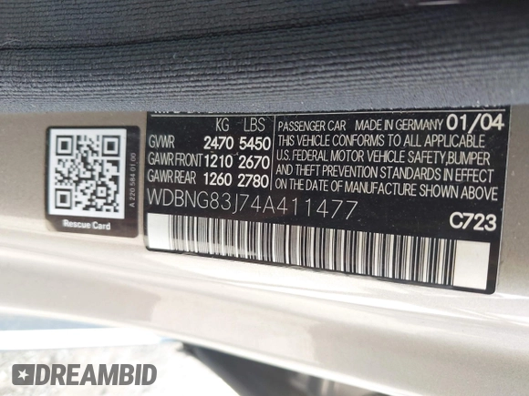 2004 Mercedes-Benz S 430 with VIN WDBNG83J74A411477, listed as a IAAI auction lot 42590423 with 151,794 mi miles and . Bid and sale history available at DreamBid. Image 9.