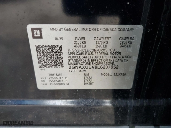 2020 Chevrolet Equinox LT with VIN 2GNAXUEV9L6237052, listed as a Copart auction lot 46254575 with 87,763 mi miles and Salvage Title. Bid and sale history available at carsss.com. Image 14.