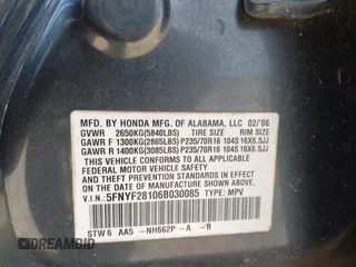 2006 Honda Pilot LX z VIN 5FNYF28106B030085, wystawiony jako IAAI lot #41953259 z przebiegiem Nie podano mil oraz . Historia ofert i sprzedaży dostępna na DreamBid. Obrazek 9.