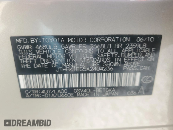 2010 Lexus ES 330 with VIN JTHBK1EG5A2404236, listed as a Copart auction lot 54526275 with 69,702 mi miles and Salvage Title. Bid and sale history available at DreamBid. Image 12.