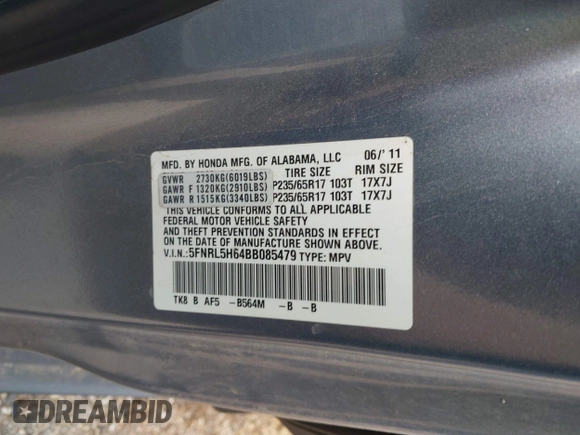 2011 Honda Odyssey EX-L with VIN 5FNRL5H64BB085479, listed as a IAAI auction lot 42404637 with 185,624 mi miles and . Bid and sale history available at DreamBid. Image 9.