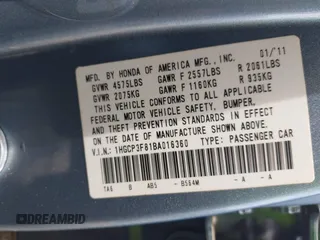 2011 Honda Accord EX-L with VIN 1HGCP3F81BA016360, listed as a IAAI auction lot 42344149 with 157,706 mi miles and . Bid and sale history available at DreamBid. Image 9.