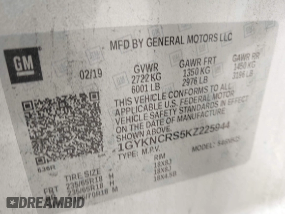 2019 Cadillac XT5 Luxury FWD with VIN 1GYKNCRS5KZ225944, listed as a IAAI auction lot 41935060 with 44,464 mi miles and . Bid and sale history available at DreamBid. Image 9.