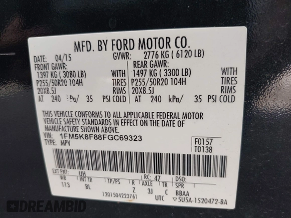 2015 Ford Explorer Limited z VIN 1FM5K8F88FGC69323, wystawiony jako IAAI lot #42254308 z przebiegiem 309 905 mil mil oraz . Historia ofert i sprzedaży dostępna na DreamBid. Obrazek 9.