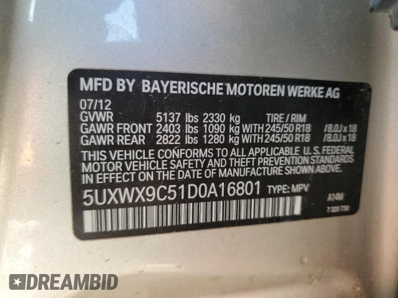 2013 BMW X3 xDrive28i with VIN 5UXWX9C51D0A16801, listed as a Copart auction lot 49008455 with 104,542 mi miles and Salvage Title. Bid and sale history available at carsss.com. Image 13.