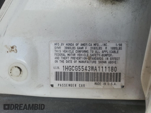 1998 Honda Accord LX с VIN 1HGCG5543WA111180, выставлен на аукционе Copart как лот 85815734 с пробегом 329 200 миль миль и Списание • Salvage title. История ставок и продаж доступна на DreamBid. Изображение 14.