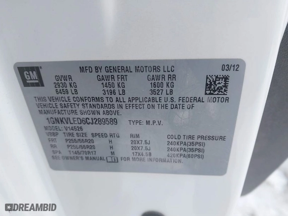 2012 Chevrolet Traverse LTZ with VIN 1GNKVLED6CJ289589, listed as a IAAI auction lot 41226374 with 122,515 mi miles. Bid and sale history available at carsss.com. Image 9.