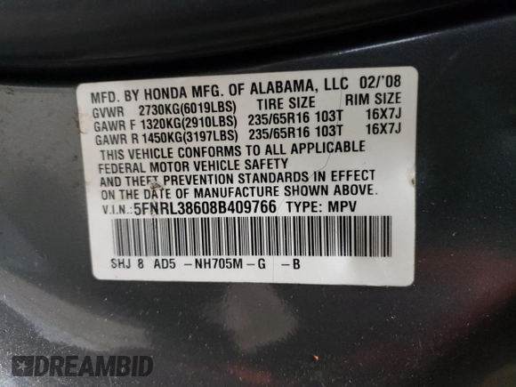 2008 Honda Odyssey EX-L with VIN 5FNRL38608B409766, listed as a Copart auction lot 54097725 with 273,171 mi miles and Clean Title. Bid and sale history available at DreamBid. Image 13.