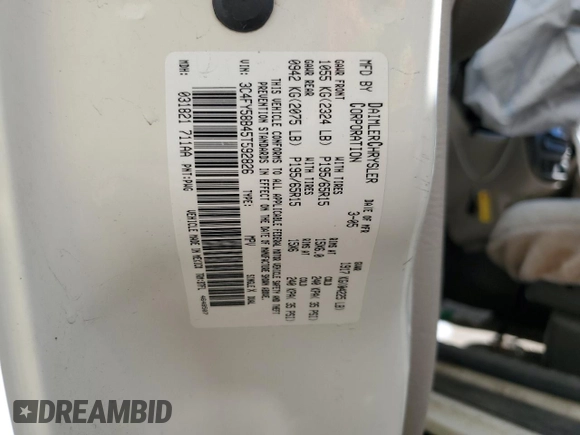 2005 Chrysler PT Cruiser Touring with VIN 3C4FY58B45T592826, listed as a Copart auction lot 59985764 with Not Provided miles and Salvage Title. Bid and sale history available at carsss.com. Image 12.