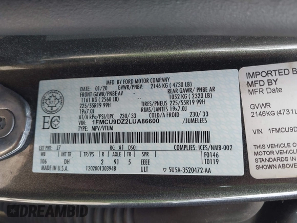 2020 Ford Escape Titanium Hybrid with VIN 1FMCU9DZ2LUA86600, listed as a IAAI auction lot 42059830 with 76,998 mi miles and . Bid and sale history available at DreamBid. Image 9.