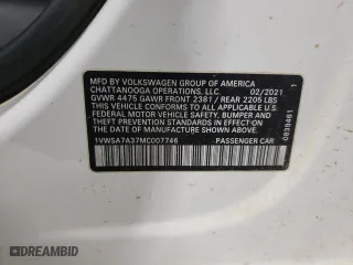 2021 Volkswagen Passat 2.0T SE with VIN 1VWSA7A37MC007746, listed as a Copart auction lot 45486515 with 122,060 mi miles and Salvage Title. Bid and sale history available at carsss.com. Image 13.