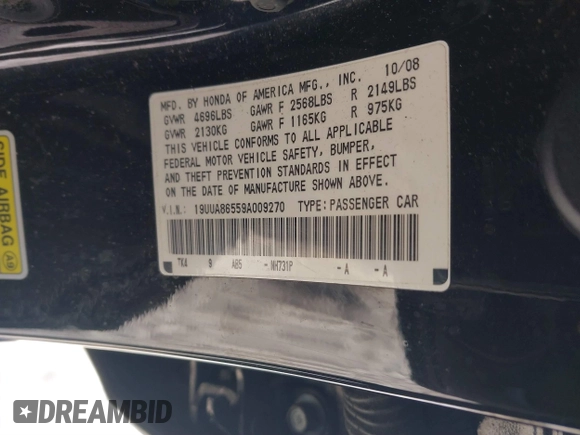 2009 Acura TL Technology z VIN 19UUA86559A009270, wystawiony jako IAAI lot #41459003 z przebiegiem 156 265 mil mil oraz . Historia ofert i sprzedaży dostępna na DreamBid. Obrazek 9.