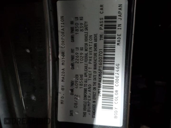 2023 Mazda 3 S Select with VIN JM1BPAKM6P1600701, listed as a Copart auction lot 43188045 with Not provided miles and Salvage title. Bid and sale history available at DreamBid. Image 12.