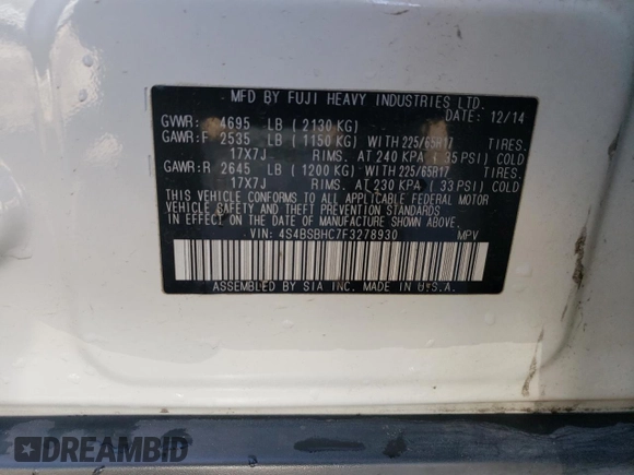 2015 Subaru Outback Premium with VIN 4S4BSBHC7F3278930, listed as a Copart auction lot 58408005 with 91,503 mi miles and Salvage title. Bid and sale history available at DreamBid. Image 14.