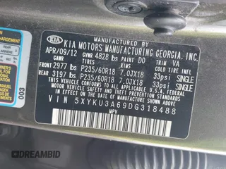 2013 Kia Sorento EX with VIN 5XYKU3A69DG318488, listed as a IAAI auction lot 42618875 with 221,080 mi miles and . Bid and sale history available at DreamBid. Image 9.