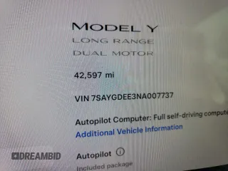 2022 Tesla Model Y Long Range with VIN 7SAYGDEE3NA007737, listed as a Copart auction lot 64602984 with 42,597 mi miles and Salvage Title. Bid and sale history available at carsss.com. Image 9.