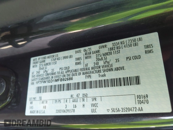 2021 Ford F-150 XL with VIN 1FTFW1ED1MFB92686, listed as a IAAI auction lot 42600706 with 70,646 mi miles and . Bid and sale history available at DreamBid. Image 9.