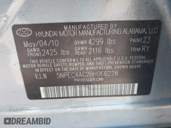 2011 Hyundai Sonata Limited with VIN 5NPEC4AC2BH066228, listed as a IAAI auction lot 42208131 with 131,893 mi miles and . Bid and sale history available at carsss.com. Image 9.