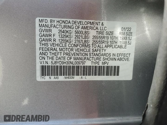 2022 Acura MDX with VIN 5J8YD9H30NL009797, listed as a Copart auction lot 80656234 with 59,645 mi miles and Non repairable. Bid and sale history available at DreamBid. Image 16.
