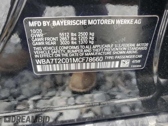 2021 BMW 7 Series 740i with VIN WBA7T2C01MCF78660, listed as a Copart auction lot 59582205 with 51,868 mi miles and Salvage title. Bid and sale history available at DreamBid. Image 13.