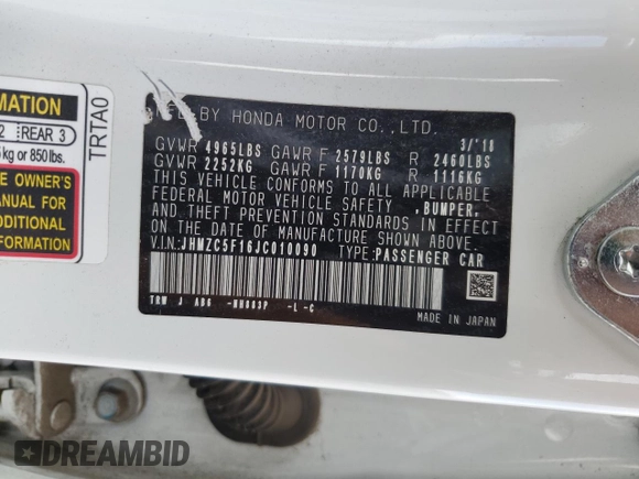 2018 Honda Clarity with VIN JHMZC5F16JC010090, listed as a Copart auction lot 86770354 with 119,399 mi miles and Salvage Title. Bid and sale history available at DreamBid. Image 12.