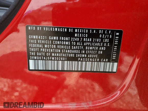2015 Volkswagen Jetta SE with VIN 3VWD07AJ5FM302601, listed as a Copart auction lot 60657805 with Not provided miles and Clean title. Bid and sale history available at DreamBid. Image 12.