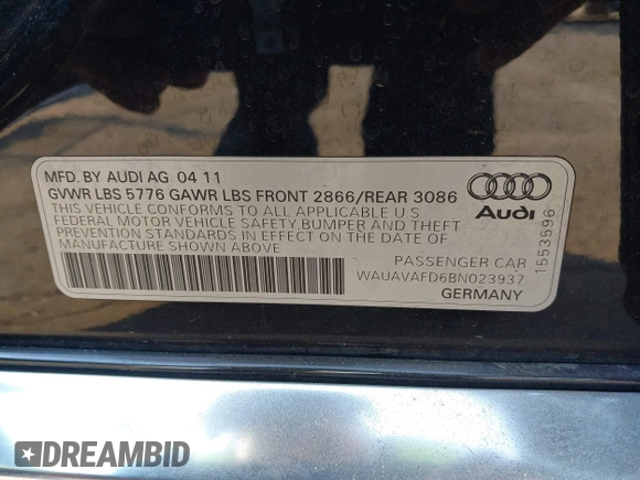 2011 Audi A8 with VIN WAUAVAFD6BN023937, listed as a IAAI auction lot 41288464 with 158,127 mi miles and . Bid and sale history available at DreamBid. Image 9.
