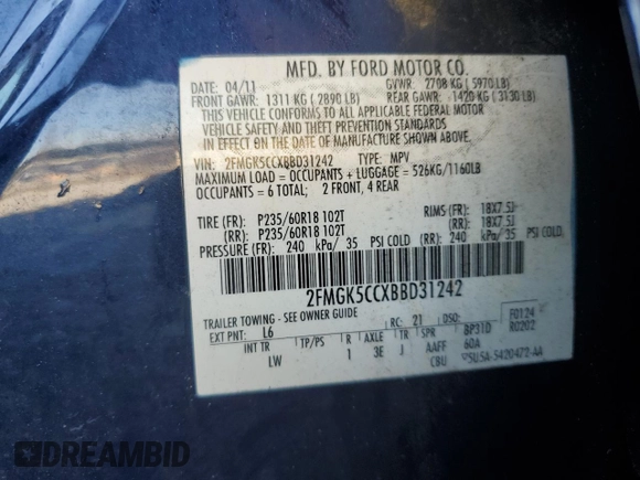 2011 Ford Flex SEL with VIN 2FMGK5CCXBBD31242, listed as a Copart auction lot 85134084 with Not Provided miles and Salvage Title. Bid and sale history available at carsss.com. Image 15.