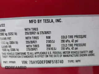 2022 Tesla Model Y Performance z VIN 7SAYGDEF0NF518740, wystawiony jako IAAI lot #41785358 z przebiegiem 50 692 mil mil oraz . Historia ofert i sprzedaży dostępna na DreamBid. Obrazek 9.