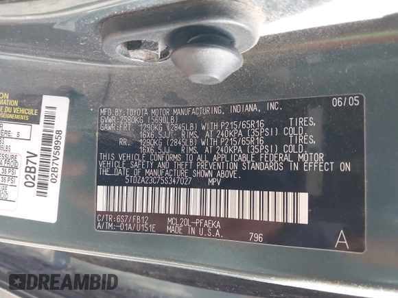 2005 Toyota Sienna CE with VIN 5TDZA23C75S347027, listed as a IAAI auction lot 42056124 with 314,629 mi miles and . Bid and sale history available at DreamBid. Image 9.