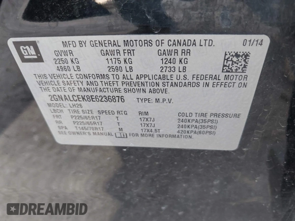 2014 Chevrolet Equinox LT with VIN 2GNALCEK8E6236876, listed as a IAAI auction lot 42011282 with 159,655 mi miles and . Bid and sale history available at DreamBid. Image 9.