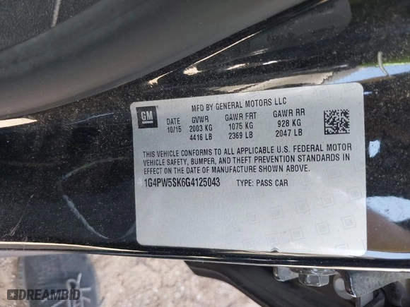 2016 Buick Verano Sport Touring with VIN 1G4PW5SK6G4125043, listed as a IAAI auction lot 41793282 with 91,328 mi miles. Bid and sale history available at carsss.com. Image 9.