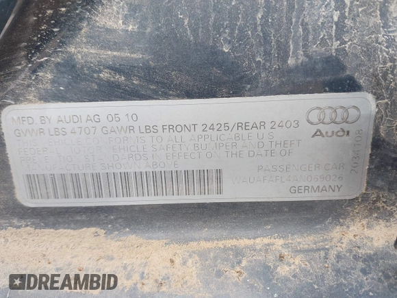 2010 Audi A4 Premium с VIN WAUAFAFL4AN069026, выставлен на аукционе IAAI как лот 41792855 с пробегом 95 502 миль миль и . История ставок и продаж доступна на DreamBid. Изображение 9.