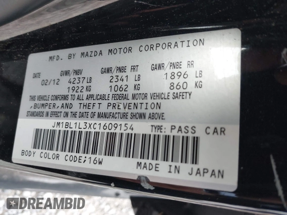 2012 Mazda 3 Mazdaspeed3 Touring with VIN JM1BL1L3XC1609154, listed as a IAAI auction lot 41260912 with 81,866 mi miles and . Bid and sale history available at DreamBid. Image 9.