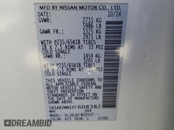 2015 Nissan Pathfinder SV with VIN 5N1AR2MN1FC608382, listed as a Copart auction lot 53967265 with 106,752 mi miles and Salvage title. Bid and sale history available at DreamBid. Image 13.