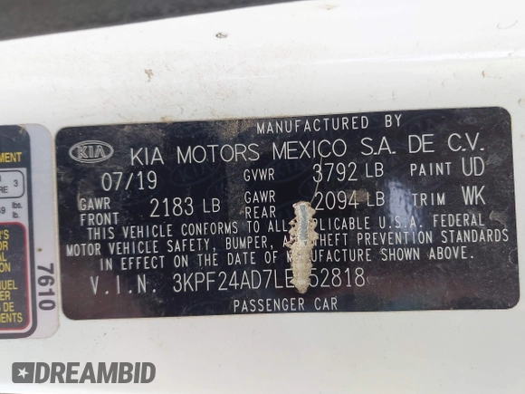 2020 Kia Forte LXS with VIN 3KPF24AD7LE152818, listed as a IAAI auction lot 39011840 with 79,029 mi miles. Bid and sale history available at carsss.com. Image 9.