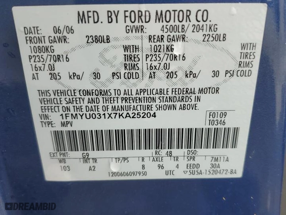 2007 Ford Escape XLT with VIN 1FMYU031X7KA25204, listed as a Copart auction lot 48975175 with 163,354 mi miles and Salvage Title. Bid and sale history available at carsss.com. Image 13.