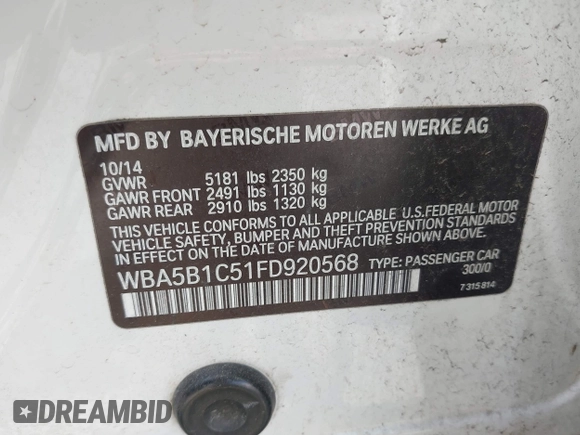 2015 BMW 5 Series 535i z VIN WBA5B1C51FD920568, wystawiony jako IAAI lot #42182520 z przebiegiem Nie podano mil oraz . Historia ofert i sprzedaży dostępna na DreamBid. Obrazek 9.