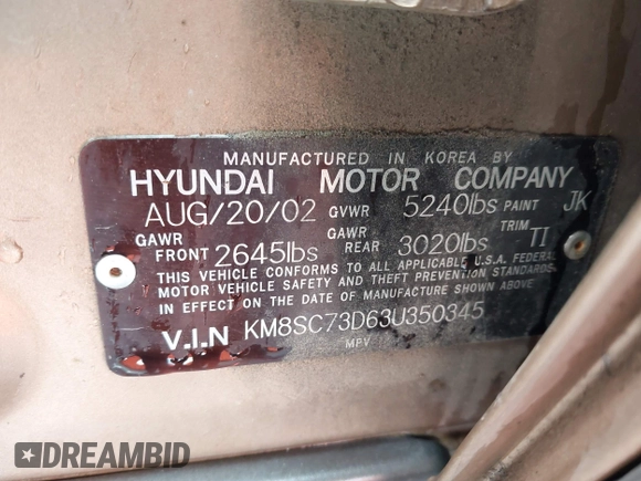 2003 Hyundai Santa Fe GLS with VIN KM8SC73D63U350345, listed as a IAAI auction lot 41841877 with 109,764 mi miles. Bid and sale history available at carsss.com. Image 9.