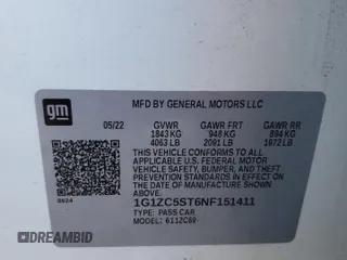 2022 Chevrolet Malibu LS with VIN 1G1ZC5ST6NF151411, listed as a Copart auction lot 48127885 with 54,648 mi miles and Salvage Title. Bid and sale history available at DreamBid. Image 13.