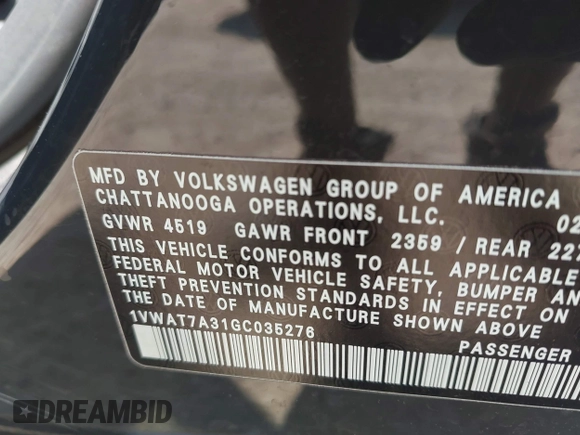 2016 Volkswagen Passat S with VIN 1VWAT7A31GC035276, listed as a IAAI auction lot 42525661 with 112,292 mi miles and . Bid and sale history available at DreamBid. Image 9.