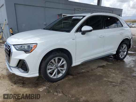 2021 Audi Q3 S line Premium with VIN WA1DECF3XM1045978, listed as a Copart auction lot 59963385 with 43,074 mi miles and Salvage title. Bid and sale history available at DreamBid. Image 1.