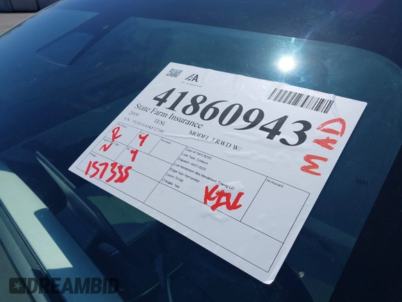 2019 Tesla Model 3 Mid Range with VIN 5YJ3E1EA5KF327181, listed as a IAAI auction lot 41860943 with 157,335 mi miles and . Bid and sale history available at DreamBid. Image 19.