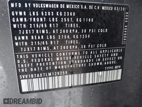 2020 Volkswagen Tiguan S z VIN 3VV1B7AX7LM129259, wystawiony jako IAAI lot #41806178 z przebiegiem 48 953 mil mil oraz . Historia ofert i sprzedaży dostępna na DreamBid. Obrazek 9.